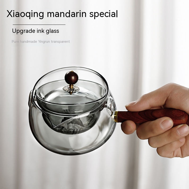 Heat Resistant Semi-Automatic Rotary Glass Teapot With Wooden Handle